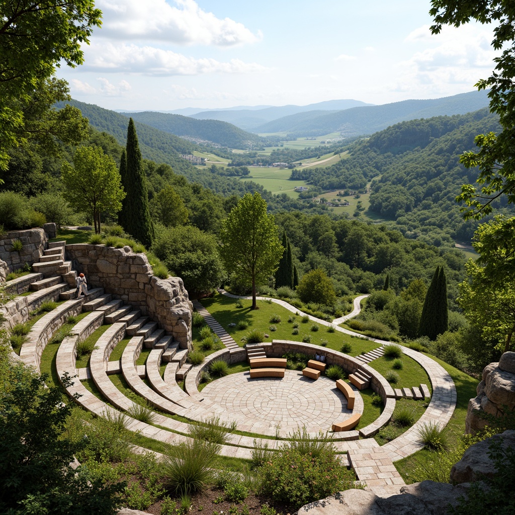 Prompt: Natural amphitheater setting, rolling hills, lush greenery, meandering pathways, scenic overlooks, tiered seating areas, curved retaining walls, native plant species, rustic stone accents, wooden benches, panoramic views, warm sunny day, soft diffused lighting, shallow depth of field, 3/4 composition, realistic textures, ambient occlusion.