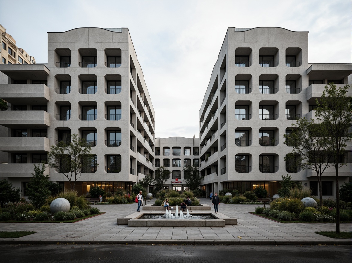 Prompt: Rugged university campus, brutalist architecture, raw concrete facades, fortress-like buildings, geometric shapes, industrial materials, metallic accents, bold color schemes, abstract sculptures, urban landscape, overcast sky, dramatic shadows, high-contrast lighting, 1/1 composition, symmetrical framing, realistic textures, ambient occlusion.