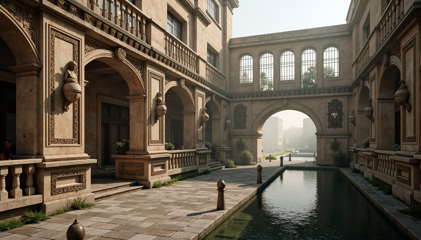 Prompt: Intricate stone carvings, ornate balustrades, grand arches, rustic stonework, weathered statues, mythological creatures, floral patterns, curved railings, decorative lamp posts, cobblestone roads, serene water reflections, soft warm lighting, misty morning atmosphere, 1/2 composition, symmetrical framing, realistic textures, ambient occlusion.