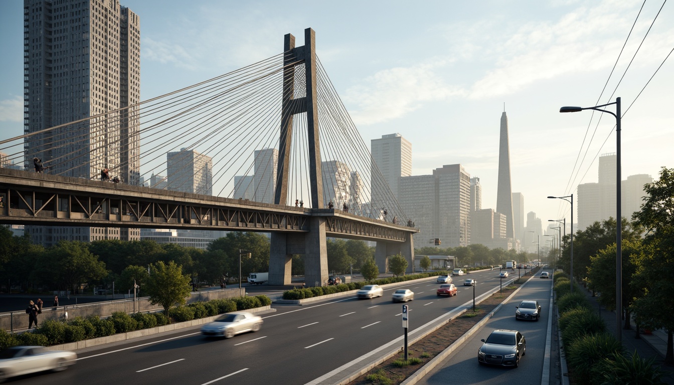 Prompt: Futuristic bridge design, sleek metal arches, durable steel cables, reinforced concrete pillars, weathered stone foundations, modern suspension systems, vibrant LED lighting, misty atmospheric effects, shallow depth of field, 3/4 composition, panoramic view, realistic textures, ambient occlusion, urban cityscape, busy highway traffic, sunny day, soft warm lighting.