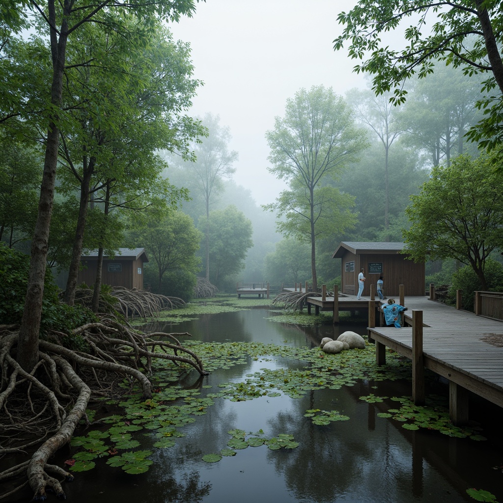 Prompt: Misty wetlands, lush vegetation, twisted mangrove roots, murky waters, wooden boardwalks, observation decks, native aquatic plants, water lilies, cattails, birdwatching stations, nature trails, rustic signage, weathered wood textures, soft diffused lighting, shallow depth of field, 1/1 composition, serene atmosphere, realistic water effects, ambient occlusion.