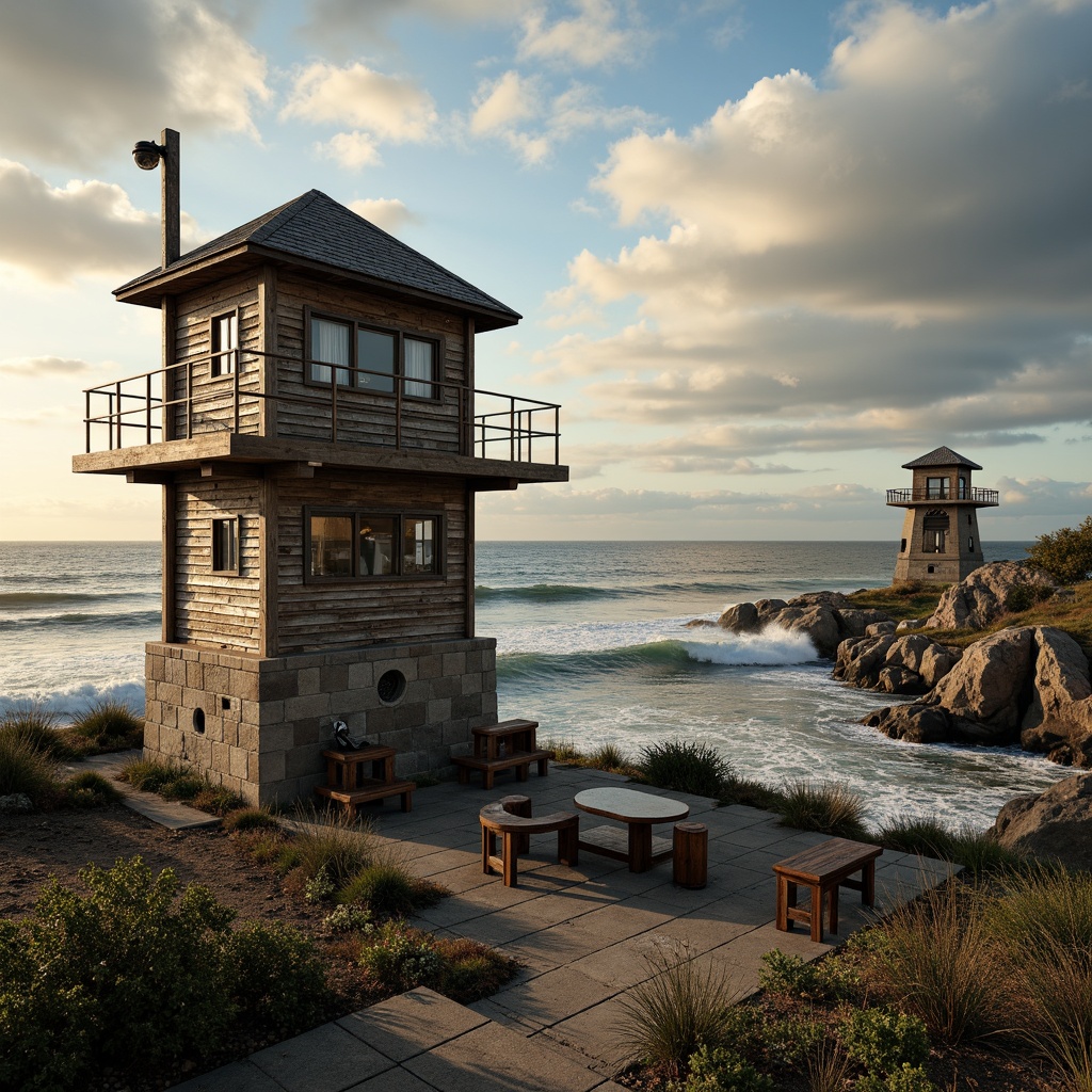 Prompt: Weathered wooden watching towers, rugged coastal landscape, crashing ocean waves, salty sea air, rustic nautical ropes, distressed wooden planks, faded lifebuoys, vintage navigation instruments, worn stone foundations, curved observation decks, panoramic ocean views, dramatic cloudy skies, warm golden lighting, shallow depth of field, 1/2 composition, realistic weathering effects, ambient occlusion.