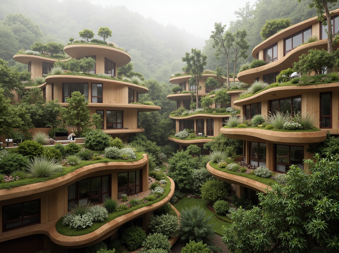 Prompt: Curved blob-like structures, organic forms, soft rounded edges, natural materials, earthy tones, moss-covered walls, wooden accents, irregular shapes, fluid lines, futuristic architecture, sustainable design, eco-friendly materials, green roofs, living walls, vibrant plant life, misty atmosphere, warm diffused lighting, shallow depth of field, 1/1 composition, realistic textures, ambient occlusion.