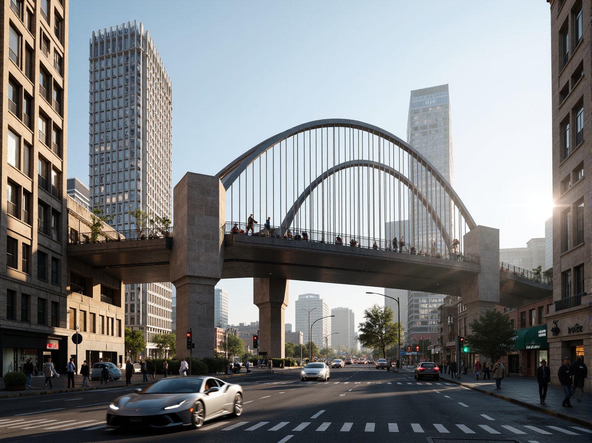 Prompt: Futuristic bridge design, sleek metal arches, durable steel cables, reinforced concrete pillars, weathered stone foundations, modern suspension systems, vibrant LED lighting, misty atmospheric effects, shallow depth of field, 3/4 composition, panoramic view, realistic textures, ambient occlusion, urban cityscape, busy highway traffic, sunny day, soft warm lighting.