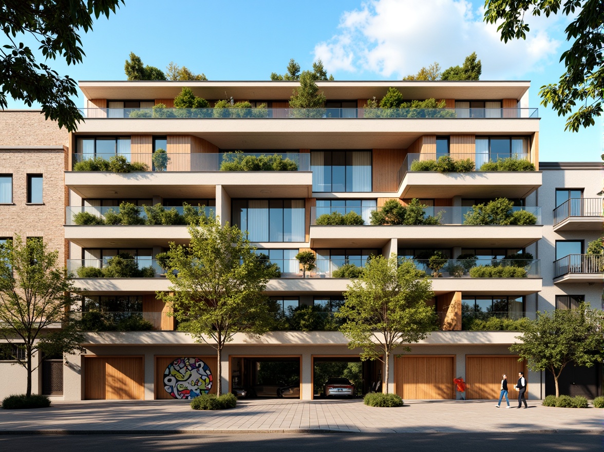 Prompt: Contemporary building facade, harmonious color scheme, earthy tones, natural materials, wooden accents, green roofs, living walls, vibrant street art, urban landscape, sunny afternoon, soft warm lighting, shallow depth of field, 3/4 composition, panoramic view, realistic textures, ambient occlusion.