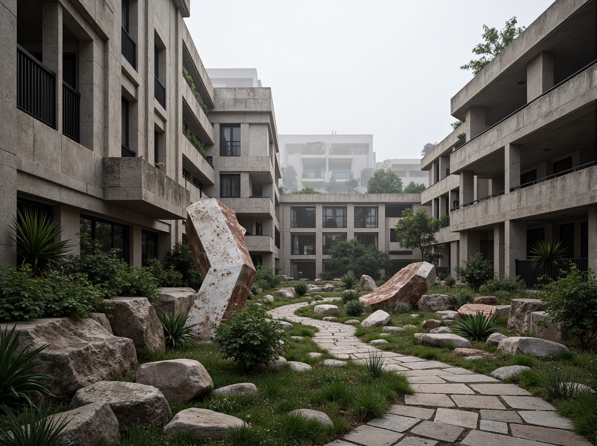 Prompt: Fragmented rocky formations, irregular stone walls, abstract sculptures, meandering pathways, overgrown vegetation, distressed metal accents, fractured concrete surfaces, dynamic angular lines, unconventional building masses, cantilevered structures, asymmetrical compositions, bold color contrasts, dramatic lighting effects, misty atmospheric conditions, shallow depth of field, 2/3 composition, wide-angle lens, high-contrast rendering, intricate texture details.