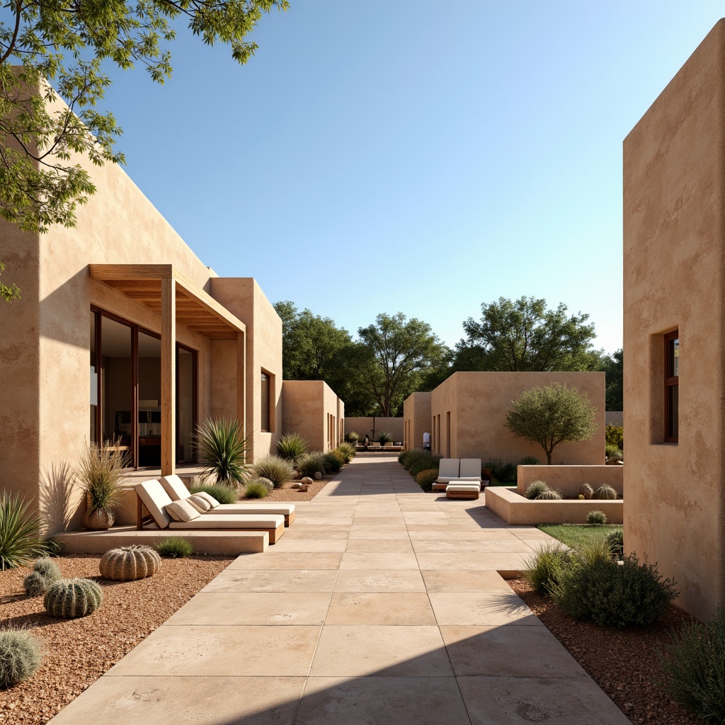 Prompt: Earthy rammed earth walls, natural organic texture, rustic charm, warm beige color, rough-hewn surfaces, irregular patterns, handmade craftsmanship, eco-friendly materials, sustainable architecture, desert landscape, arid climate, cacti plants, clear blue sky, vast open space, modern minimalist design, large windows, sliding glass doors, shaded outdoor spaces, soft warm lighting, shallow depth of field, 3/4 composition, panoramic view, realistic textures, ambient occlusion.