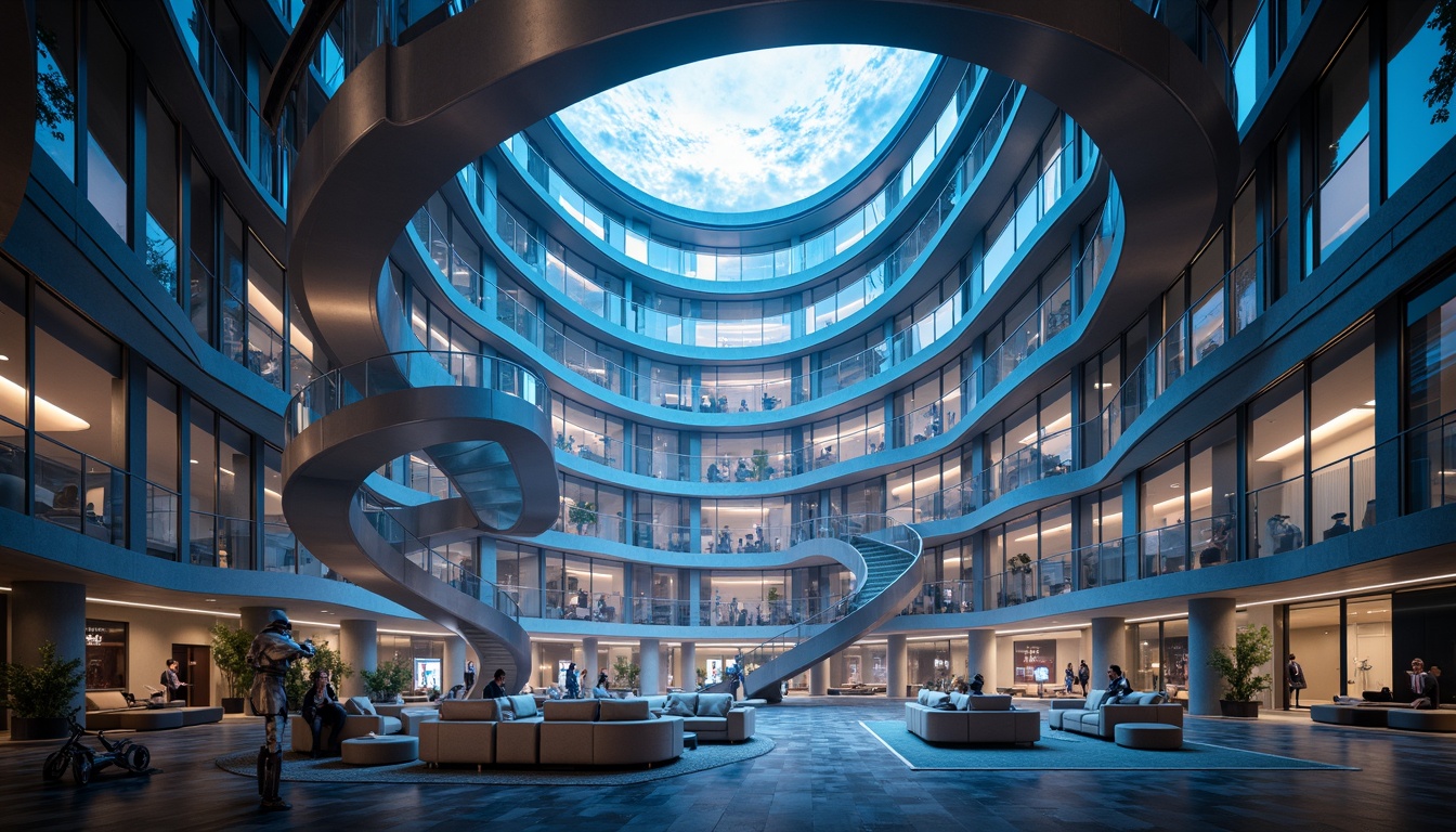 Prompt: Twisting spiral staircase, undulating balconies, flowing curves, futuristic watching tower, sleek metallic surfaces, iridescent glass fa\u00e7ades, shimmering LED lights, celestial observatory, stargazing platform, atmospheric mist, soft ethereal glow, shallow depth of field, 1/1 composition, symmetrical architecture, minimalist interior design, luxurious lounge seating, ambient occlusion, realistic reflections.