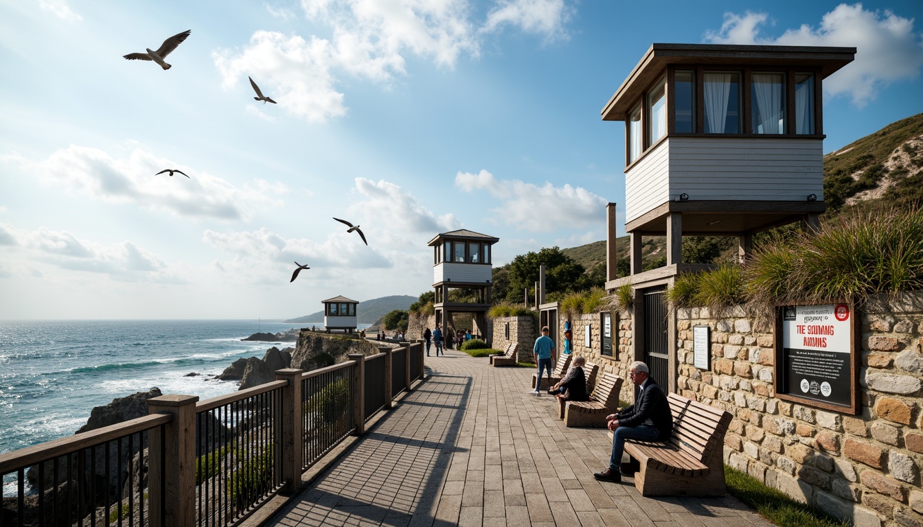 Prompt: Coastal watching towers, rugged ocean views, weathered wooden decks, sturdy metal railings, panoramic viewing platforms, binoculars, telescopes, informative signs, rustic stone walls, nautical-themed decorations, salty sea air, seagulls flying overhead, dramatic wave crashes, warm sunny days, soft natural lighting, shallow depth of field, 3/4 composition, realistic textures, ambient occlusion.