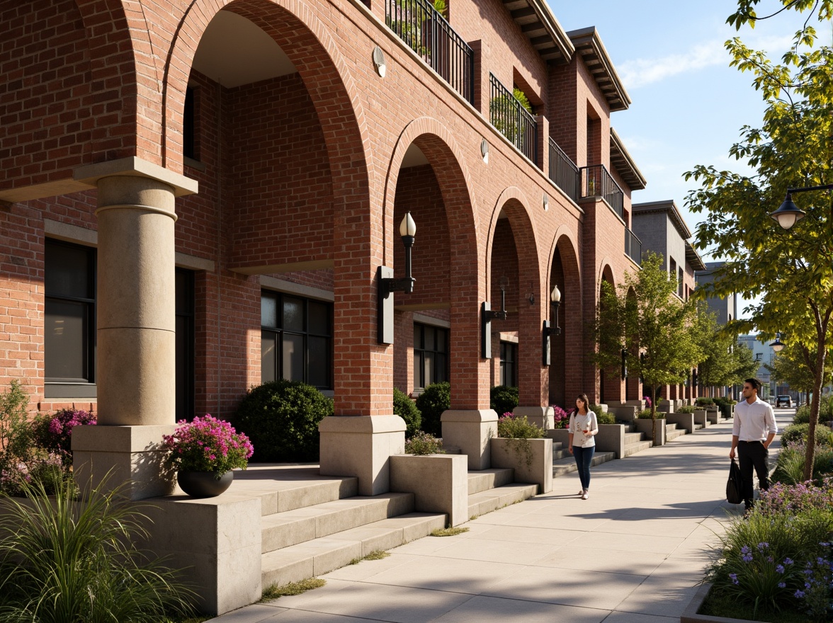 Prompt: Rustic brick facade, earthy tones, textured masonry, ornate archways, grand entranceways, classic columns, vintage street lamps, charming pedestrian walkways, lush greenery, blooming flowers, warm sunny day, soft natural lighting, shallow depth of field, 3/4 composition, realistic textures, ambient occlusion.