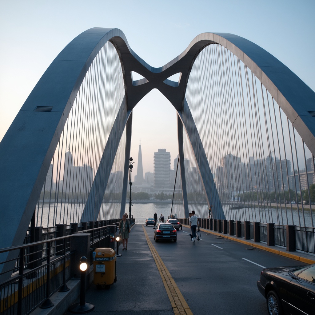 Prompt: Futuristic bridge, sleek metallic arches, suspension cables, LED lighting systems, urban cityscape, misty morning atmosphere, soft warm glow, shallow depth of field, 3/4 composition, panoramic view, realistic reflections, ambient occlusion, fusion architecture, curved lines, geometric shapes, modern materials, high-strength concrete, steel reinforcements, innovative structural systems, cantilevered sections, asymmetrical design, dynamic visual effects, vibrant colorful accents, intricate patterns, futuristic urban planning.