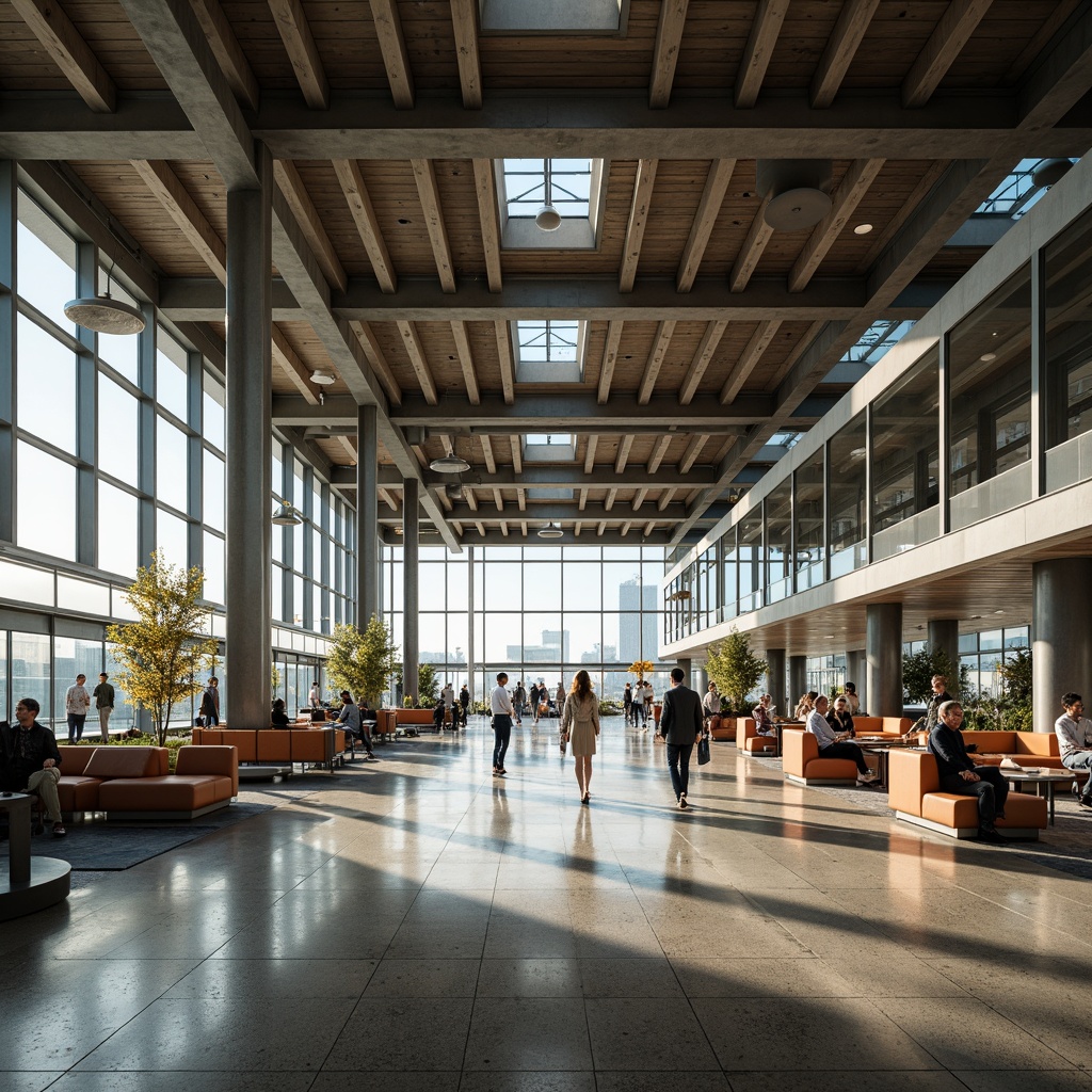 Prompt: Airport terminal, constructivist architecture, exposed steel beams, industrial chic, polished concrete floors, minimalist seating areas, sleek metal columns, geometric patterns, futuristic lighting fixtures, airy high ceilings, large glass windows, panoramic views, bustling atmosphere, dynamic crowd movement, warm color tones, ambient occlusion, shallow depth of field, 3/4 composition, realistic textures.