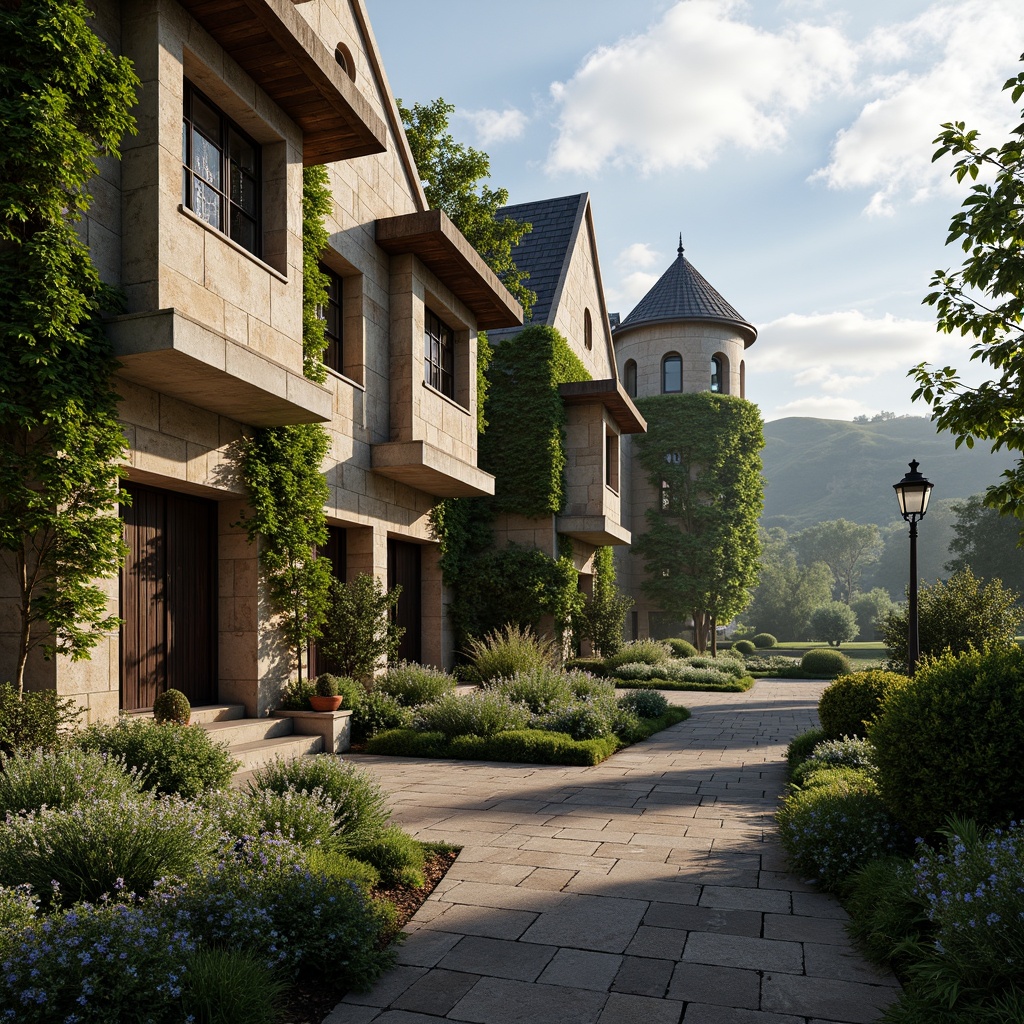 Prompt: Rustic stone walls, ivy-covered facades, grand entrance gates, ornate ironwork, stained glass windows, turrets and towers, asymmetrical compositions, natural stone pathways, lush greenery, blooming flowers, misty morning atmosphere, soft warm lighting, shallow depth of field, 3/4 composition, panoramic view, realistic textures, ambient occlusion, rolling hills, serene lakeside, vintage street lamps, meandering walkways, whimsical water features.