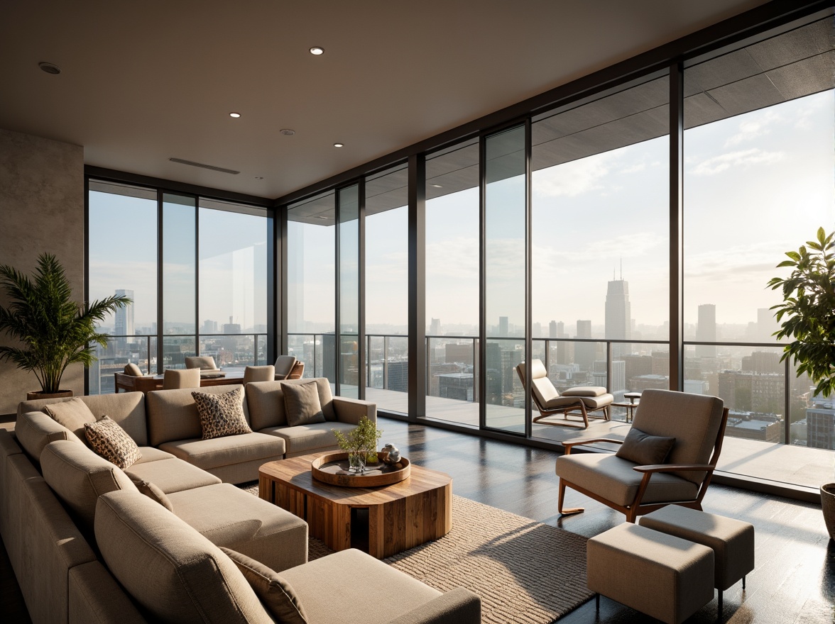 Prompt: Minimalist living room, floor-to-ceiling windows, sleek metal frames, automated blinds, solar shades, thermal insulation, energy-efficient glazing, soundproofing technology, urban cityscape views, morning sunlight, soft warm lighting, shallow depth of field, 3/4 composition, panoramic view, realistic textures, ambient occlusion, modern interior design, luxurious fabrics, subtle patterns, metallic accents.