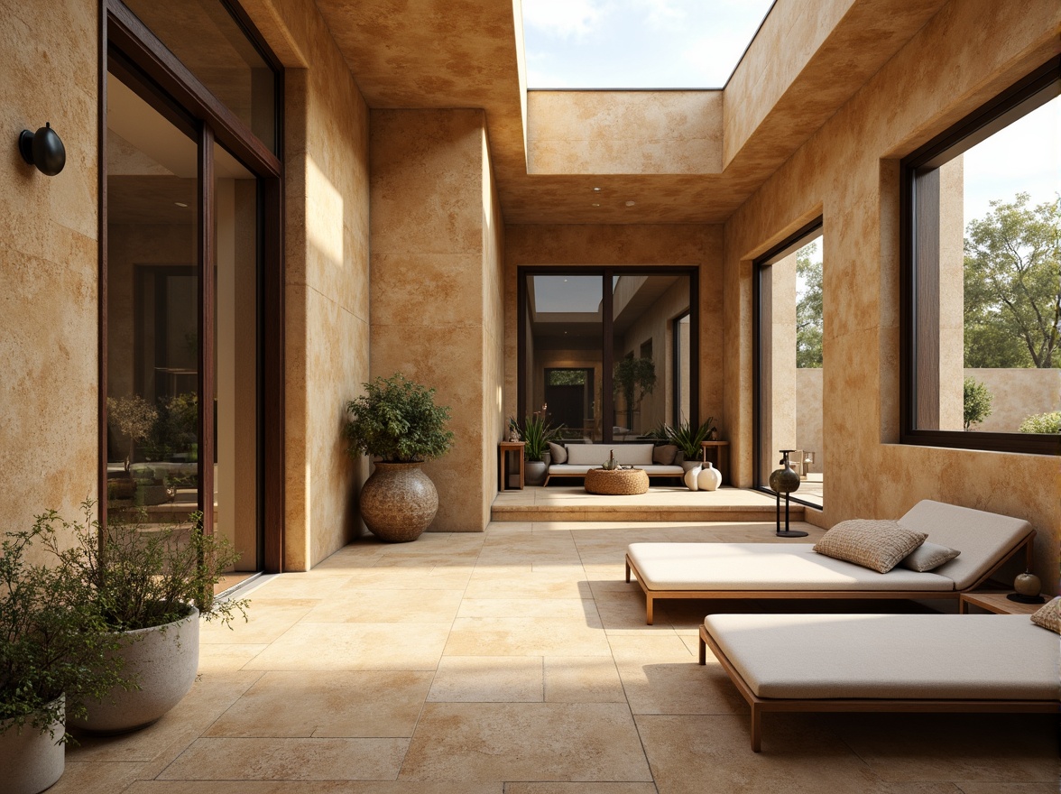 Prompt: Earthy rammed earth walls, natural textures, organic forms, sustainable architecture, eco-friendly materials, rustic charm, warm beige tones, rough-hewn surfaces, modern minimalist design, large windows, clerestory lighting, open floor plans, cozy nooks, nature-inspired color palette, soft diffused light, shallow depth of field, 1/1 composition, realistic renderings, ambient occlusion.