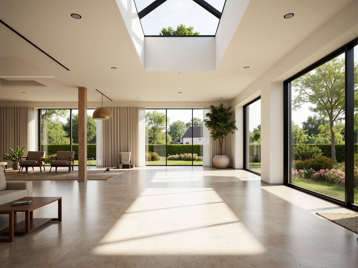 Prompt: Spacious open-plan interior, floor-to-ceiling windows, sliding glass doors, minimal obstructions, reflective surfaces, polished concrete floors, bright white walls, clerestory windows, skylights, solar tubes, natural ventilation systems, green roofs, lush indoor plants, warm beige tones, soft diffused lighting, 1/1 composition, shallow depth of field, realistic textures, ambient occlusion.