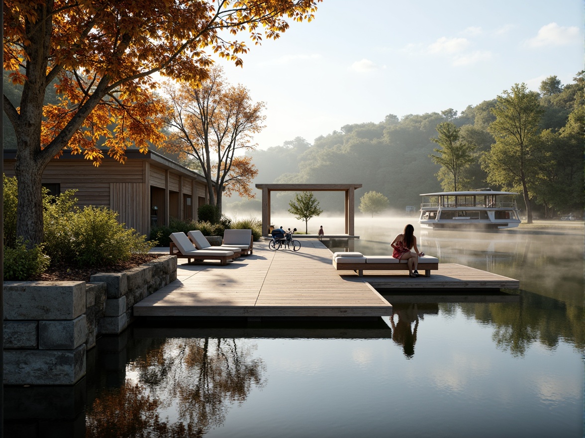 Prompt: Weathered wooden docks, rustic stone walls, natural cedar siding, glassy lake reflections, serene misty mornings, soft warm lighting, shallow depth of field, 3/4 composition, panoramic view, realistic water textures, ambient occlusion, modern lakefront architecture, sleek metal accents, minimalist design, sustainable energy solutions, solar panels, green roofs, eco-friendly materials, innovative cooling technologies, shaded outdoor spaces, misting systems, nautical-inspired decor, vibrant colorful textiles, intricate geometric motifs.