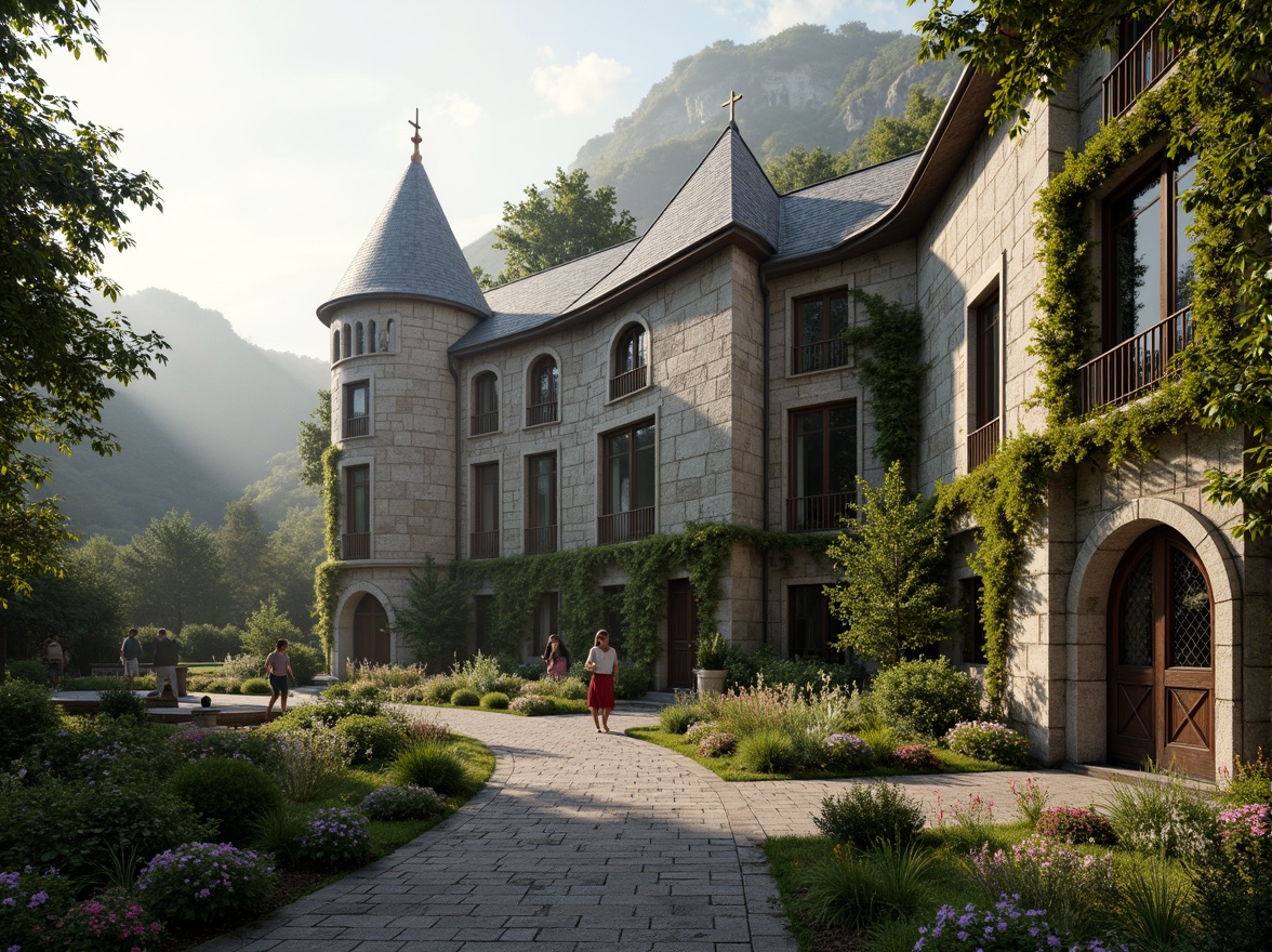 Prompt: Rustic stone walls, ivy-covered facades, grand entrance gates, ornate ironwork, stained glass windows, turrets and towers, asymmetrical compositions, natural stone pathways, lush greenery, blooming flowers, misty morning atmosphere, soft warm lighting, shallow depth of field, 3/4 composition, panoramic view, realistic textures, ambient occlusion, rolling hills, serene lakeside, vintage street lamps, meandering walkways, whimsical water features.