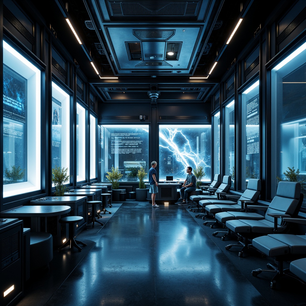 Prompt: Futuristic interior space, high-tech gadgets, sleek metal accents, minimalist decor, neon-lit ambiance, dark polished floors, glass partitions, modular furniture, ergonomic chairs, interactive displays, virtual reality zones, ambient LED lighting, 3D holographic projections, futuristic sound systems, acoustic panels, smart home automation, voice-controlled interfaces, geometric patterns, metallic textures, cold color palette, shallow depth of field, 1/1 composition, realistic reflections.