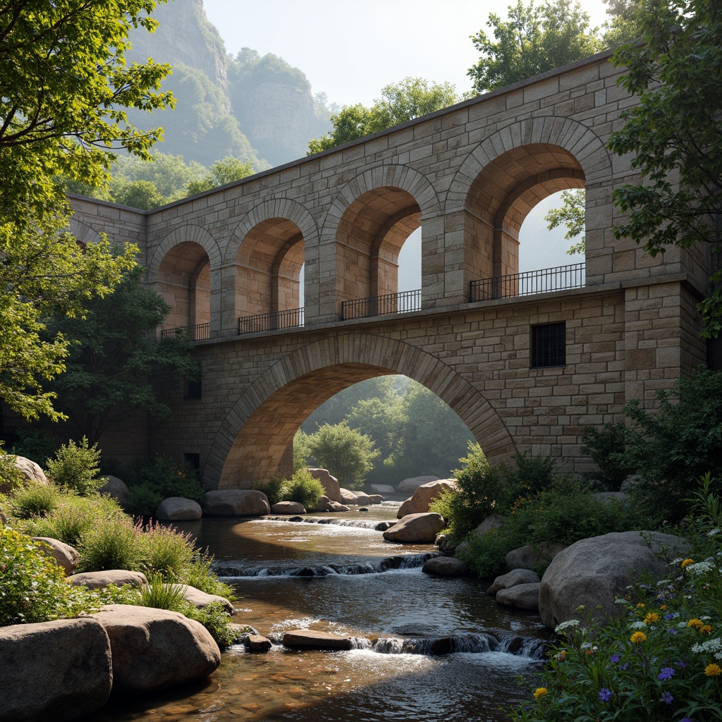 Prompt: Rustic stone bridges, arched structures, robust masonry, weathered brick facades, ornate stonework, sturdy piers, majestic arches, rough-hewn stones, earthy tones, natural textures, dramatic lighting, misty atmosphere, serene water flow, tranquil riverbanks, lush greenery, vibrant wildflowers, warm sunny day, soft diffused light, shallow depth of field, 3/4 composition, realistic stone details, ambient occlusion.