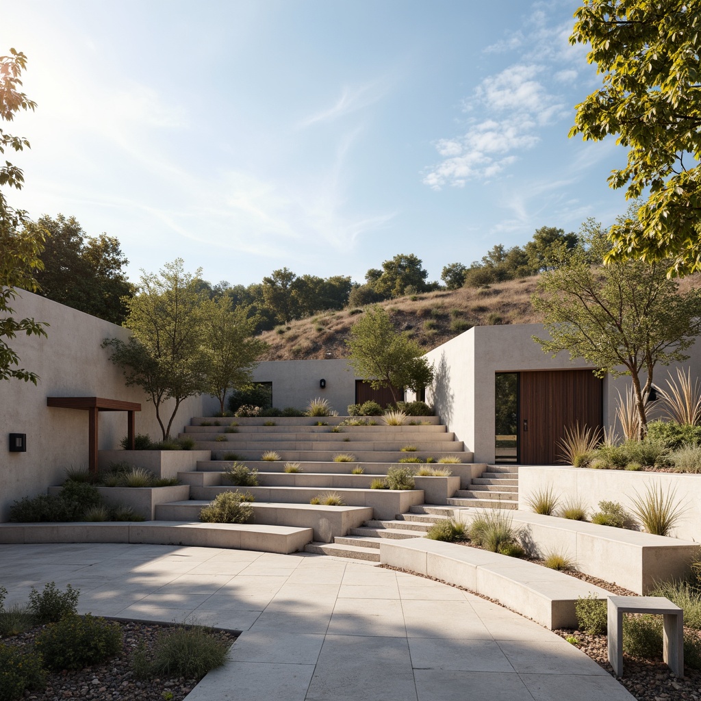 Prompt: Minimalist amphitheater, natural stone seating, sleek metal railings, polished concrete floors, simple wooden benches, subtle LED lighting, open sky above, warm sunny day, soft shadows, shallow depth of field, 3/4 composition, panoramic view, realistic textures, ambient occlusion, weathered steel accents, industrial-style lamps, geometric-shaped planters, sparse greenery, gravel pathways, modern minimalist architecture, clean lines, monochromatic color scheme.