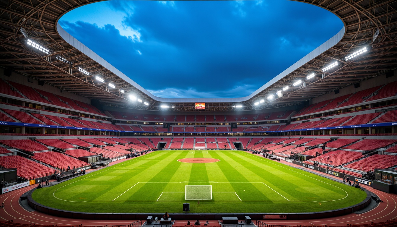 Prompt: Vibrant stadium architecture, bold team color schemes, dynamic LED lighting, sleek modern curves, angular lines, polished metal surfaces, premium leather seats, lush green grass fields, athletic track lanes, scoreboard displays, floodlighting, dramatic shadows, 3/4 composition, low-angle shot, realistic textures, ambient occlusion.