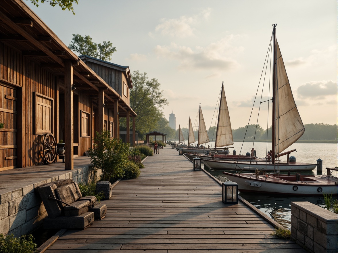 Prompt: Weathered wooden docks, rustic nautical ropes, vintage boat wheels, distressed metal lanterns, soft misty mornings, serene lake reflections, natural stone foundations, earthy brown wood accents, sky blue water hues, creamy white sailcloth textures, warm golden lighting, shallow depth of field, 1/1 composition, realistic wood grain details, ambient occlusion.