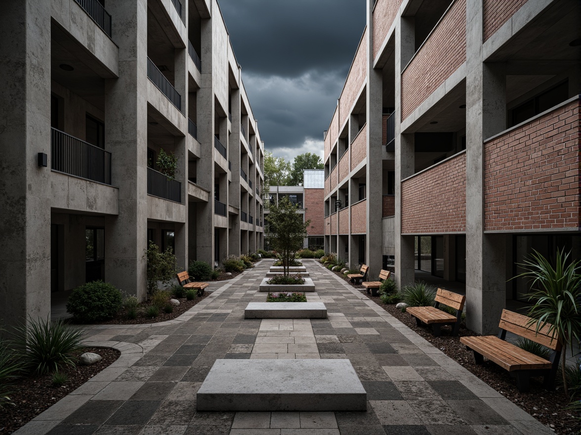 Prompt: Rough-hewn concrete walls, exposed ductwork, industrial metal beams, raw brick facades, brutalist campus buildings, rugged stone pathways, weathered wooden benches, distressed metal railings, urban landscape, overcast skies, dramatic shadows, high-contrast lighting, abstract compositions, moody atmospheric effects, realistic material textures, ambient occlusion.