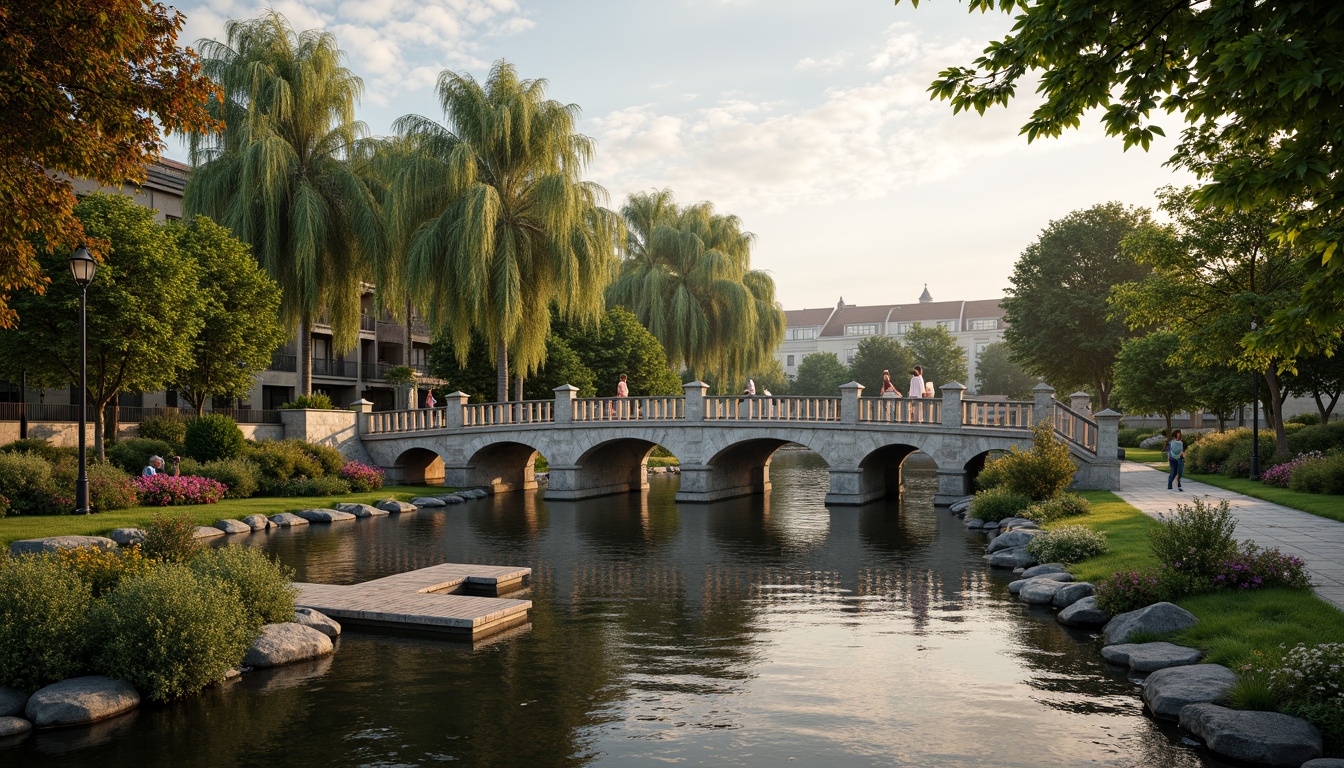 Prompt: Rustic stone bridges, ornate balustrades, lush greenery, vibrant flowers, meandering waterways, serene lakes, majestic willow trees, natural rock formations, weathered wooden docks, charming pedestrian paths, soft warm lighting, shallow depth of field, 3/4 composition, panoramic view, realistic textures, ambient occlusion, tranquil atmosphere, gentle water ripples, subtle mist effects.