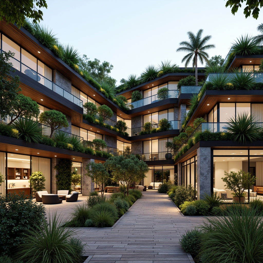 Prompt: Seamless outdoor-indoor transition, lush green roofs, vertical gardens, natural stone walls, wooden decks, outdoor kitchens, alfresco dining areas, cantilevered structures, floor-to-ceiling windows, sliding glass doors, biophilic design, organic shapes, earthy tones, warm ambient lighting, soft shadows, 1/1 composition, symmetrical balance, realistic textures, subtle color palette, serene atmosphere, natural ventilation systems, rainwater harvesting systems, eco-friendly materials, sustainable landscape design.