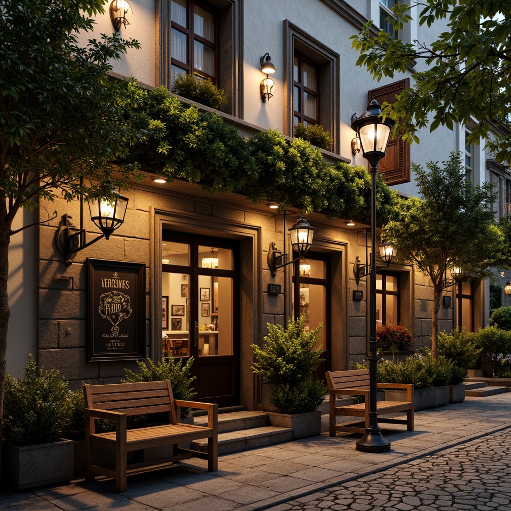 Prompt: Rustic pub exterior, Baroque-inspired fa\u00e7ade, ornate stone carvings, grand entranceways, lantern-style lighting, lush greenery, overflowing flower boxes, meandering cobblestone pathways, natural stone walls, wooden benches, vintage metal signs, warm golden lighting, soft focus, shallow depth of field, 1/2 composition, intimate atmosphere, realistic textures, ambient occlusion.