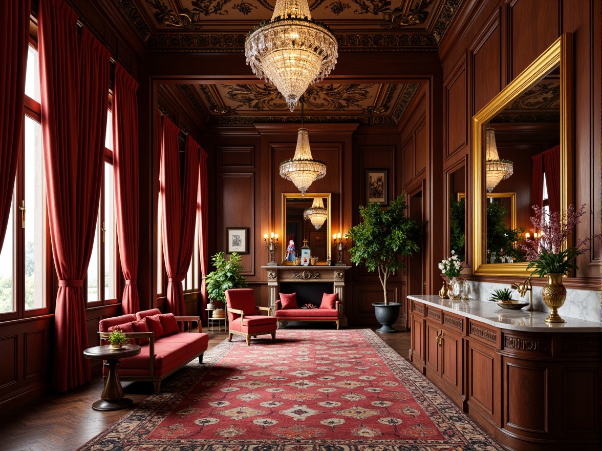 Prompt: Rich velvet drapes, ornate gold frames, luxurious crystal chandeliers, intricate wooden carvings, lavish marble countertops, opulent bronze fixtures, regal red leather upholstery, sumptuous patterned rugs, grandiose mirrors, dramatic coved ceilings, warm golden lighting, 1/1 composition, shallow depth of field, realistic textures, ambient occlusion.