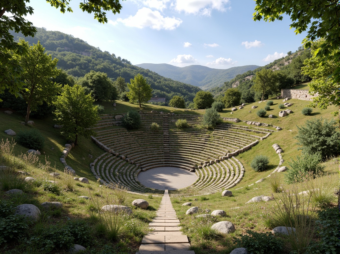 Prompt: Natural amphitheater setting, rolling hills, lush greenery, meandering pathways, scenic overlooks, tiered seating areas, curved retaining walls, native plant species, rustic stone accents, wooden benches, panoramic views, warm sunny day, soft diffused lighting, shallow depth of field, 3/4 composition, realistic textures, ambient occlusion.