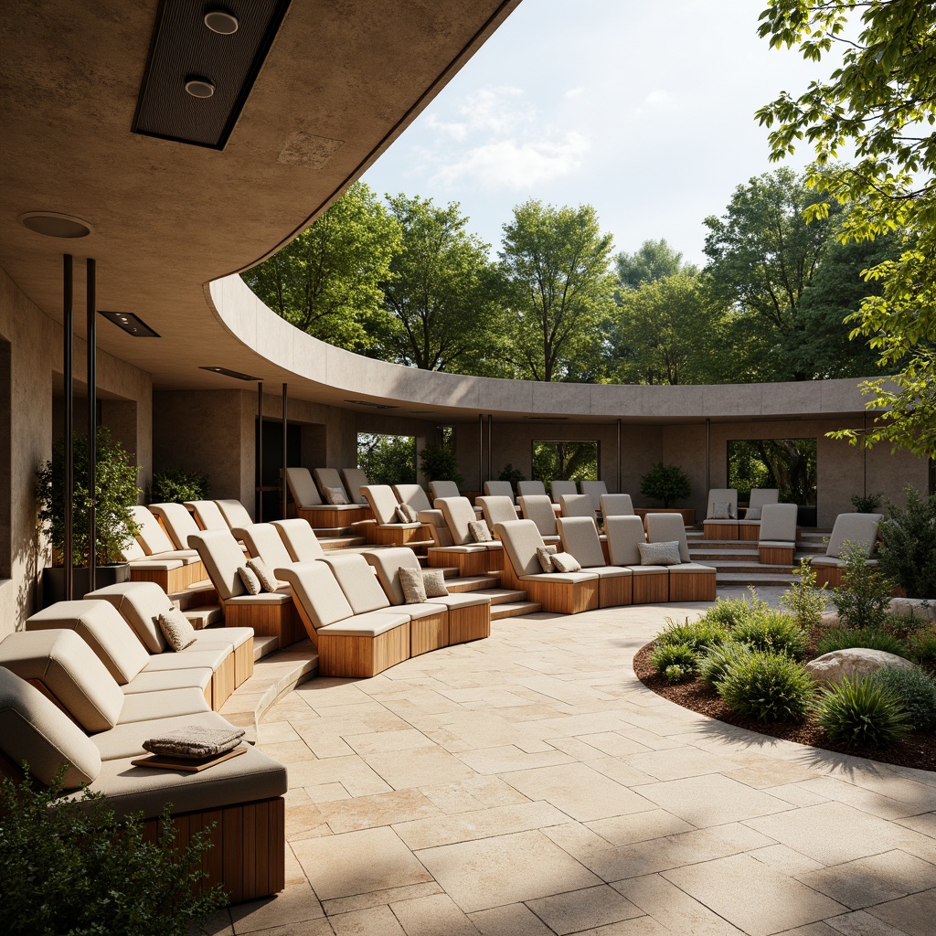 Prompt: Amphitheater seating area, minimalist design, sleek metal frames, curved rows, stepped platforms, wooden benches, comfortable cushions, subtle lighting, warm beige tones, natural stone flooring, modern architecture, open-air atmosphere, lush greenery surroundings, sunny day, soft warm lighting, shallow depth of field, 3/4 composition, panoramic view, realistic textures, ambient occlusion.