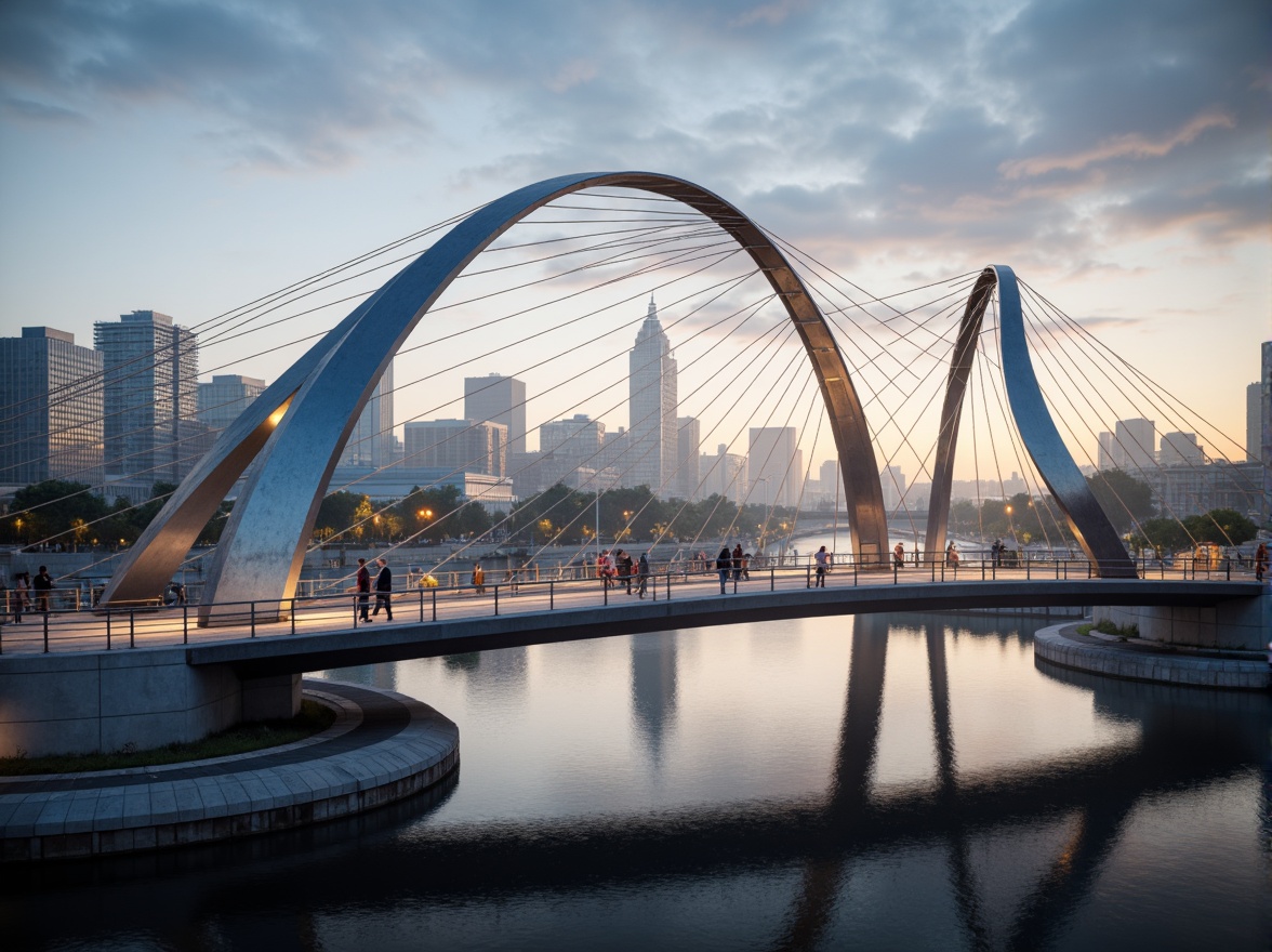 Prompt: Futuristic bridge, sleek metallic arches, suspension cables, LED lighting systems, urban cityscape, misty morning atmosphere, soft warm glow, shallow depth of field, 3/4 composition, panoramic view, realistic reflections, ambient occlusion, fusion architecture, curved lines, geometric shapes, modern materials, high-strength concrete, steel reinforcements, innovative structural systems, cantilevered sections, asymmetrical design, dynamic visual effects, vibrant colorful accents, intricate patterns, futuristic urban planning.