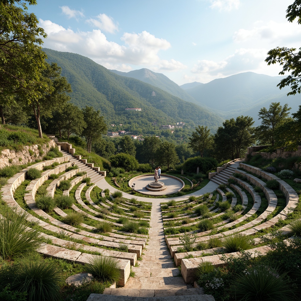 Prompt: Natural amphitheater setting, rolling hills, lush greenery, meandering pathways, scenic overlooks, tiered seating areas, curved retaining walls, native plant species, rustic stone accents, wooden benches, panoramic views, warm sunny day, soft diffused lighting, shallow depth of field, 3/4 composition, realistic textures, ambient occlusion.