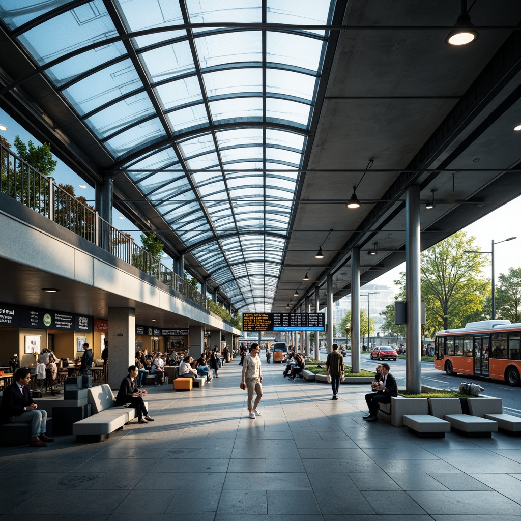 Prompt: Modern bus station interior, sleek metal framework, glass roofs, natural light pouring in, efficient passenger flow, clear signage, digital displays, comfortable seating areas, ample legroom, charging stations, minimalist decor, industrial-style flooring, urban atmosphere, busy morning commute, soft overhead lighting, shallow depth of field, 1/1 composition, realistic textures, ambient occlusion.