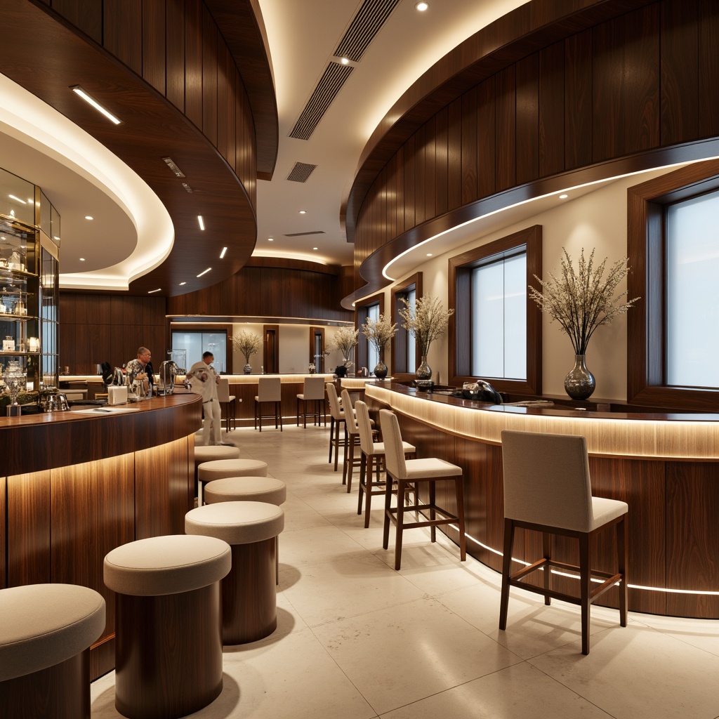 Prompt: Sleek bar interior, polished chrome accents, rich walnut wood, luxurious velvet upholstery, metallic silver lighting fixtures, frosted glass partitions, minimalist decor, modern streamline architecture, curved lines, geometric shapes, high-gloss finishes, ambient LED lighting, warm beige tones, sophisticated atmosphere, 1/1 composition, shallow depth of field, soft focus blur.