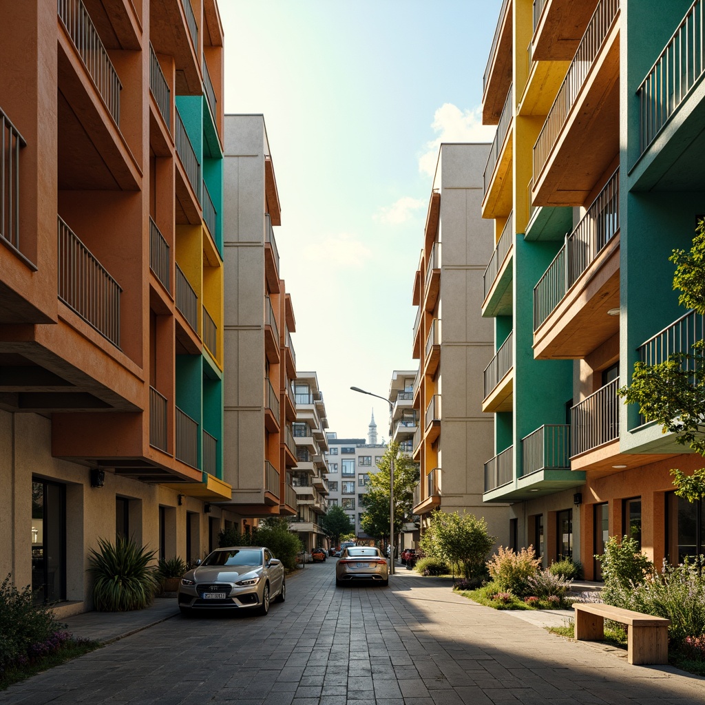 Prompt: Vibrant social housing complex, warm earthy tones, rich turquoise accents, bold yellow highlights, soft creamy whites, industrial metal frames, exposed concrete walls, modern minimalist architecture, urban cityscape backdrop, bustling community atmosphere, natural light pouring in, shallow depth of field, 1/1 composition, cinematic color grading, realistic textures, ambient occlusion.