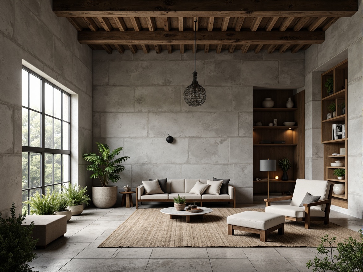 Prompt: Exposed concrete walls, rugged stone floors, industrial metal beams, brutalist architecture, raw unfinished textures, earthy tone color palette, muted greenery, weathered wood accents, functional minimalist decor, utilitarian furniture, cold harsh lighting, dramatic shadows, 1/1 composition, high contrast ratio, realistic material rendering, ambient occlusion.