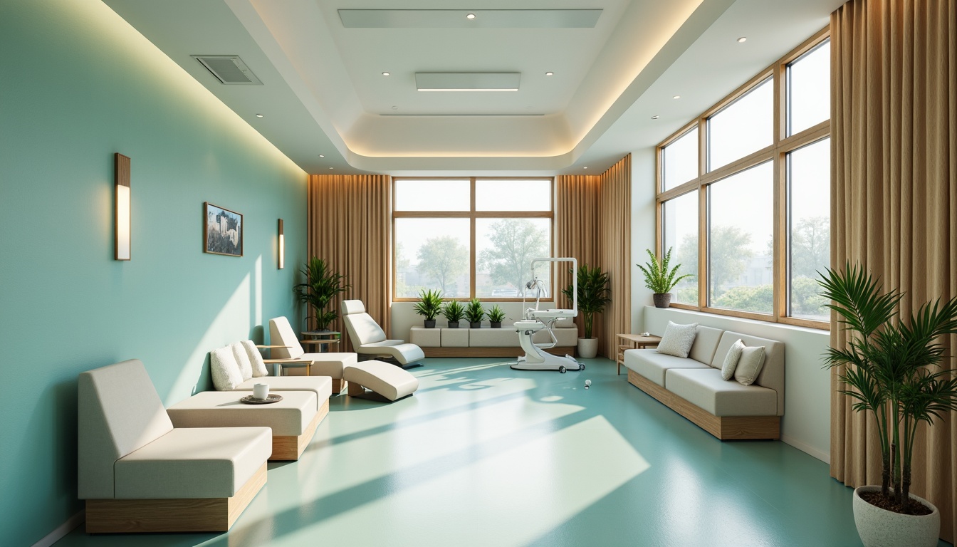 Prompt: Calming dental clinic, soothing blue-green color scheme, creamy whites, warm beige tones, natural wood accents, gentle curves, minimalist decor, modern medical equipment, sleek stainless steel surfaces, comfortable waiting area, lush green plants, soft overhead lighting, shallow depth of field, 1/1 composition, realistic textures, ambient occlusion.