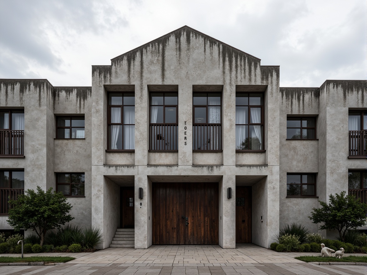 Prompt: Rugged elementary school facade, brutalist architecture, raw concrete walls, fortress-like structure, asymmetrical composition, bold geometric shapes, industrial-style windows, metal grilles, weathered steel doors, urban landscape, cityscape background, overcast sky, dramatic shadows, high-contrast lighting, 1/2 composition, close-up shot, realistic textures, ambient occlusion.