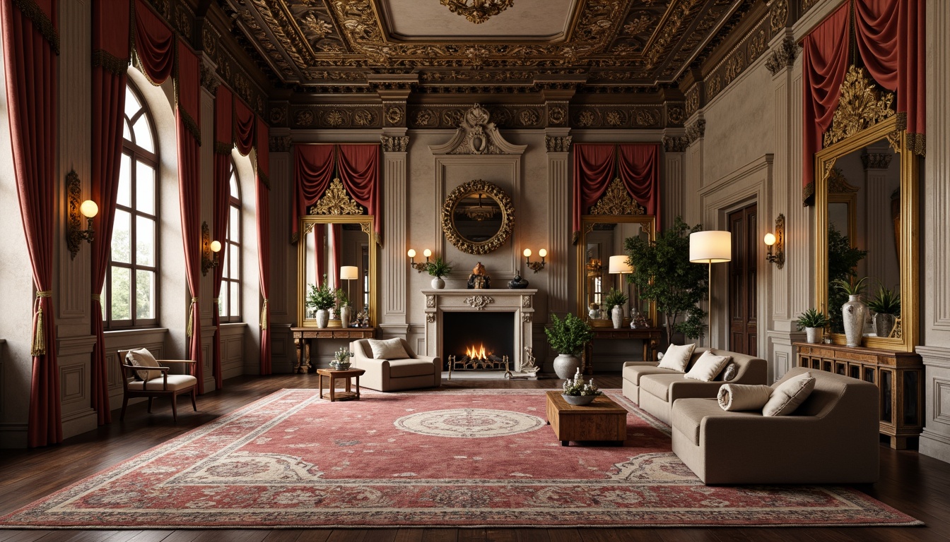 Prompt: Ornate classical columns, intricately carved marble facades, ornamental stone statues, lavish velvet drapes, gilded frame mirrors, richly patterned rugs, luxurious silk fabrics, antique furniture pieces, distressed wooden accents, vintage bronze hardware, soft warm lighting, shallow depth of field, 1/1 composition, realistic textures, ambient occlusion.