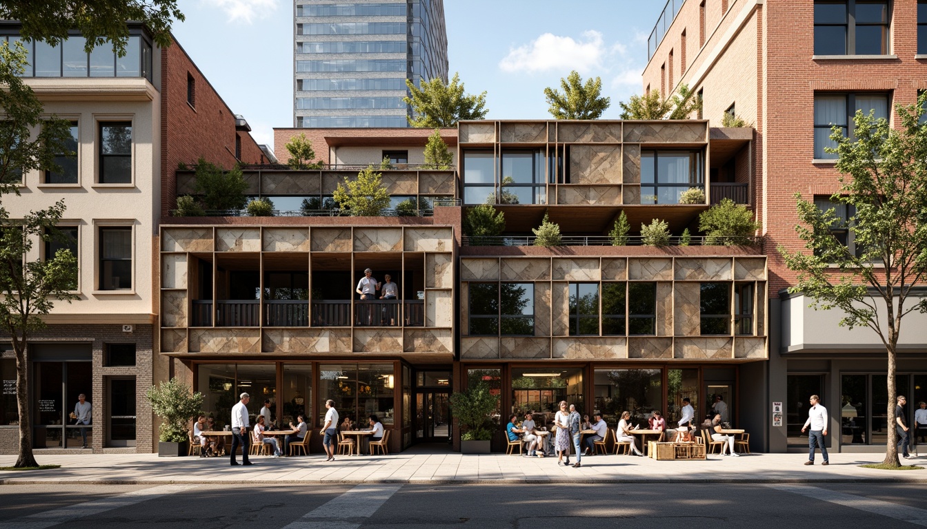 Prompt: Deconstructed coffee shop facade, irregular shapes, fragmented forms, distressed textures, industrial materials, exposed ductwork, metallic accents, reclaimed wood, abstract patterns, bold color contrasts, urban cityscape, busy street scene, morning sunlight, soft warm lighting, shallow depth of field, 1/1 composition, realistic render, ambient occlusion.