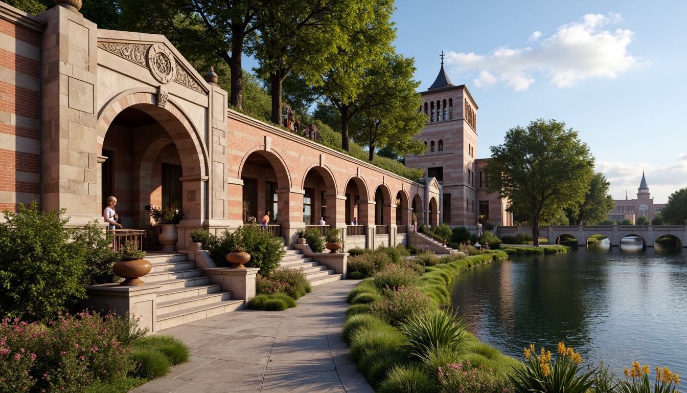 Prompt: Elegant archways, ornate stone carvings, rustic brick facades, grandiose bridge structures, serene water reflections, lush greenery, vibrant flowers, majestic river views, sunny day, soft warm lighting, shallow depth of field, 3/4 composition, panoramic view, realistic textures, ambient occlusion, Renaissance-inspired ornateness, classical columns, symmetrical architecture, harmonious proportions, intricate stonework, weathered copper details, ornamental lanterns.