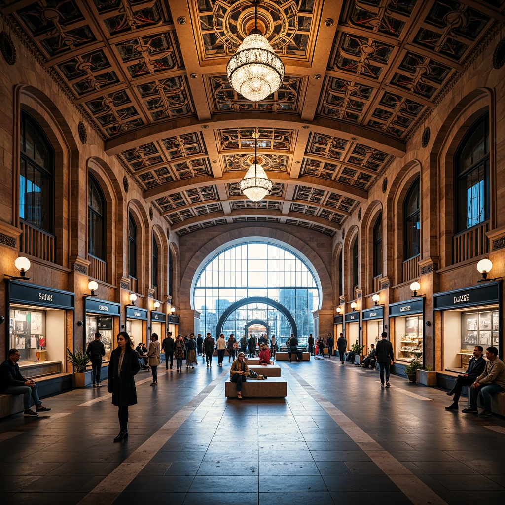 Prompt: Vibrant metro station, eclectic fa\u00e7ade design, ornate metalwork, intricate mosaics, grand archways, ornamental columns, lavish chandeliers, rich textiles, patterned ceramics, bold color schemes, dynamic lighting effects, futuristic signage, sleek escalators, modern kiosks, bustling pedestrian traffic, urban cityscape, morning rush hour, soft warm glow, shallow depth of field, 1/2 composition, realistic reflections, ambient occlusion.