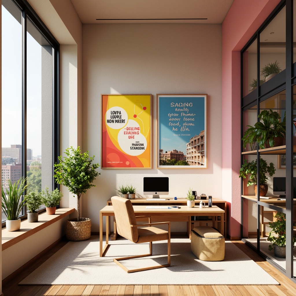 Prompt: Vibrant design studio, modern minimalist interior, sleek wooden desk, ergonomic chair, colorful artwork, inspirational quotes, natural light pouring in, large windows, urban cityscape view, warm beige walls, rich brown furniture, pastel pink accents, creamy white textures, bold typography, geometric patterns, abstract shapes, soft focus, shallow depth of field, 1/1 composition, realistic rendering, ambient occlusion.