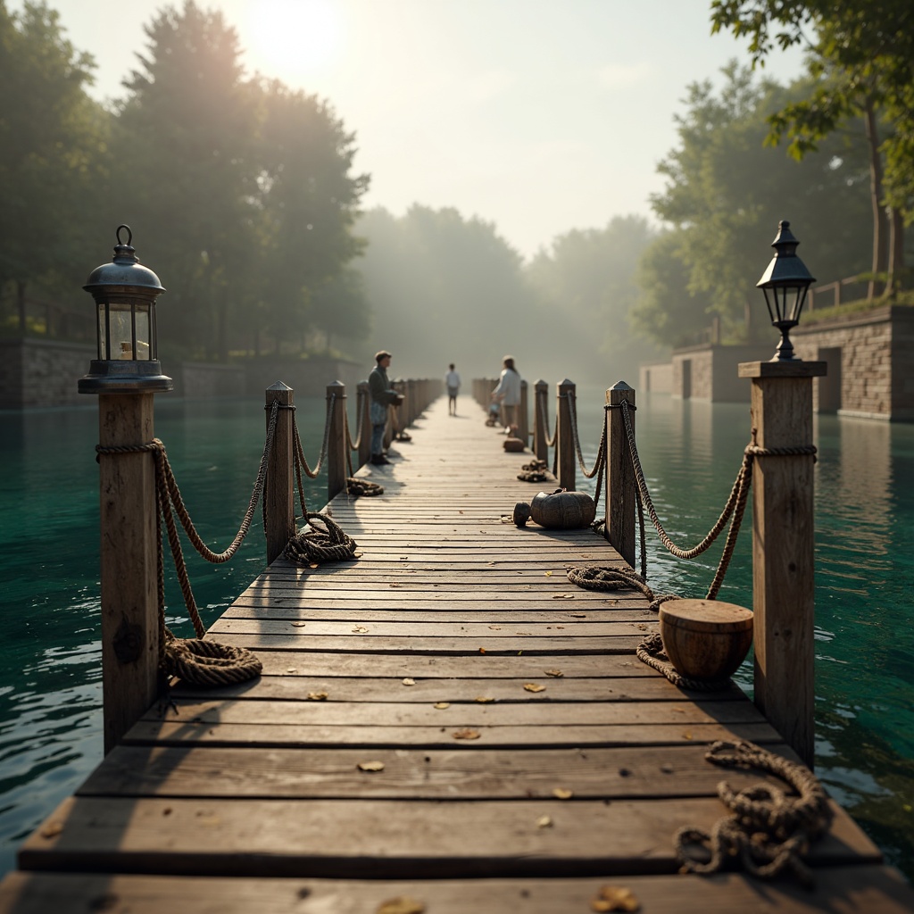 Prompt: Weathered wooden docks, rustic nautical ropes, vintage boat wheels, distressed metal lanterns, soft misty mornings, serene lake reflections, natural stone foundations, earthy brown wood accents, sky blue water hues, creamy white sailcloth textures, warm golden lighting, shallow depth of field, 1/1 composition, realistic wood grain details, ambient occlusion.