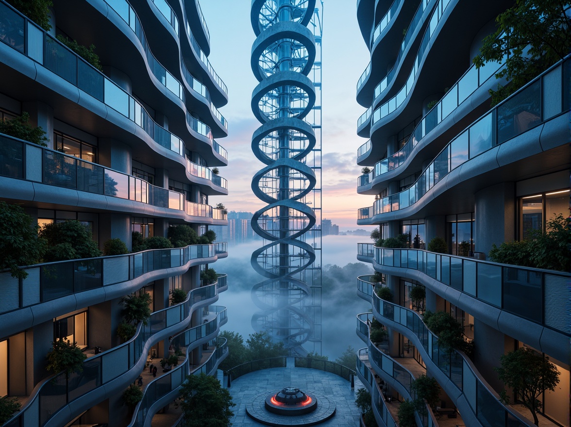 Prompt: Twisting spiral staircase, undulating balconies, flowing curves, futuristic watching tower, sleek metallic surfaces, iridescent glass fa\u00e7ades, shimmering LED lights, celestial observatory, stargazing platform, atmospheric mist, mystical fog, dreamy twilight, soft ethereal glow, 1/1 composition, symmetrical framing, dramatic shadows, cinematic lighting, realistic reflections, ambient occlusion.