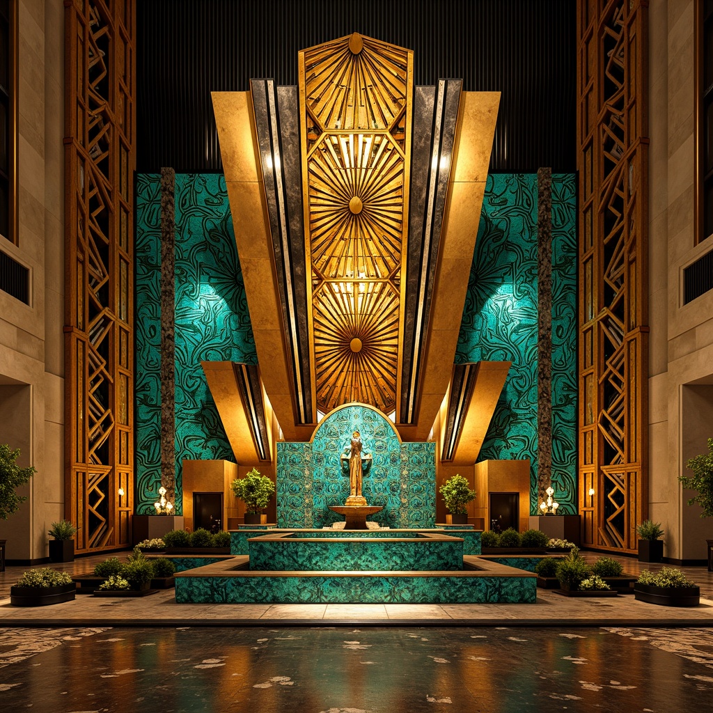 Prompt: Opulent Art Deco monument, lavish golden accents, rich bronze tones, vibrant turquoise mosaics, geometric patterns, ornate metalwork, luxurious marble surfaces, bold black outlines, stylized floral motifs, sunburst designs, zigzag patterns, metallic sheen, warm ambient lighting, shallow depth of field, 1/1 composition, symmetrical framing, high-contrast colors, intricate textures, realistic reflections.